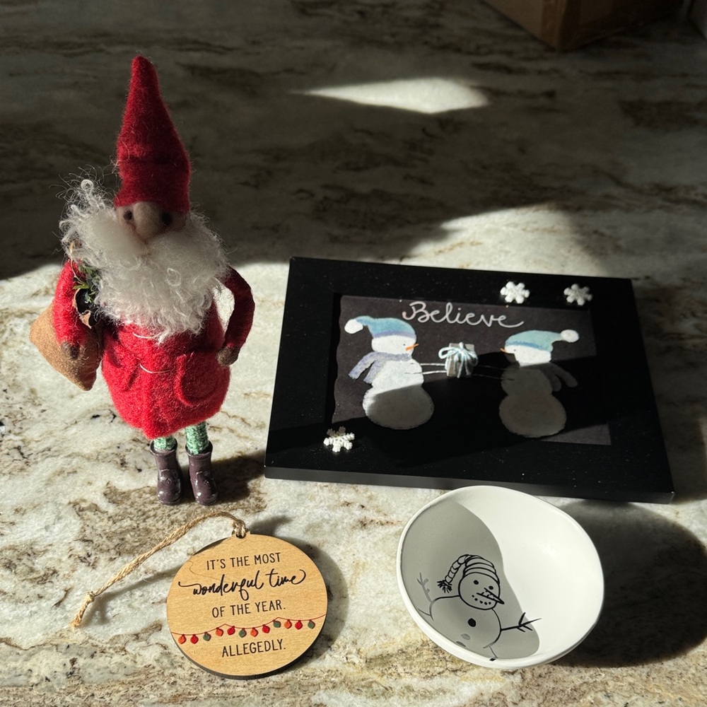 Festive Red Santa Figurine with Snowman Bowl Set